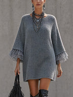 Blue Open Back Knit Lace Trim Mini Dress