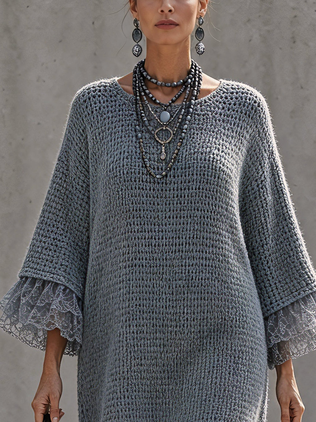 Blue Open Back Knit Lace Trim Mini Dress