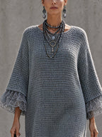Blue Open Back Knit Lace Trim Mini Dress