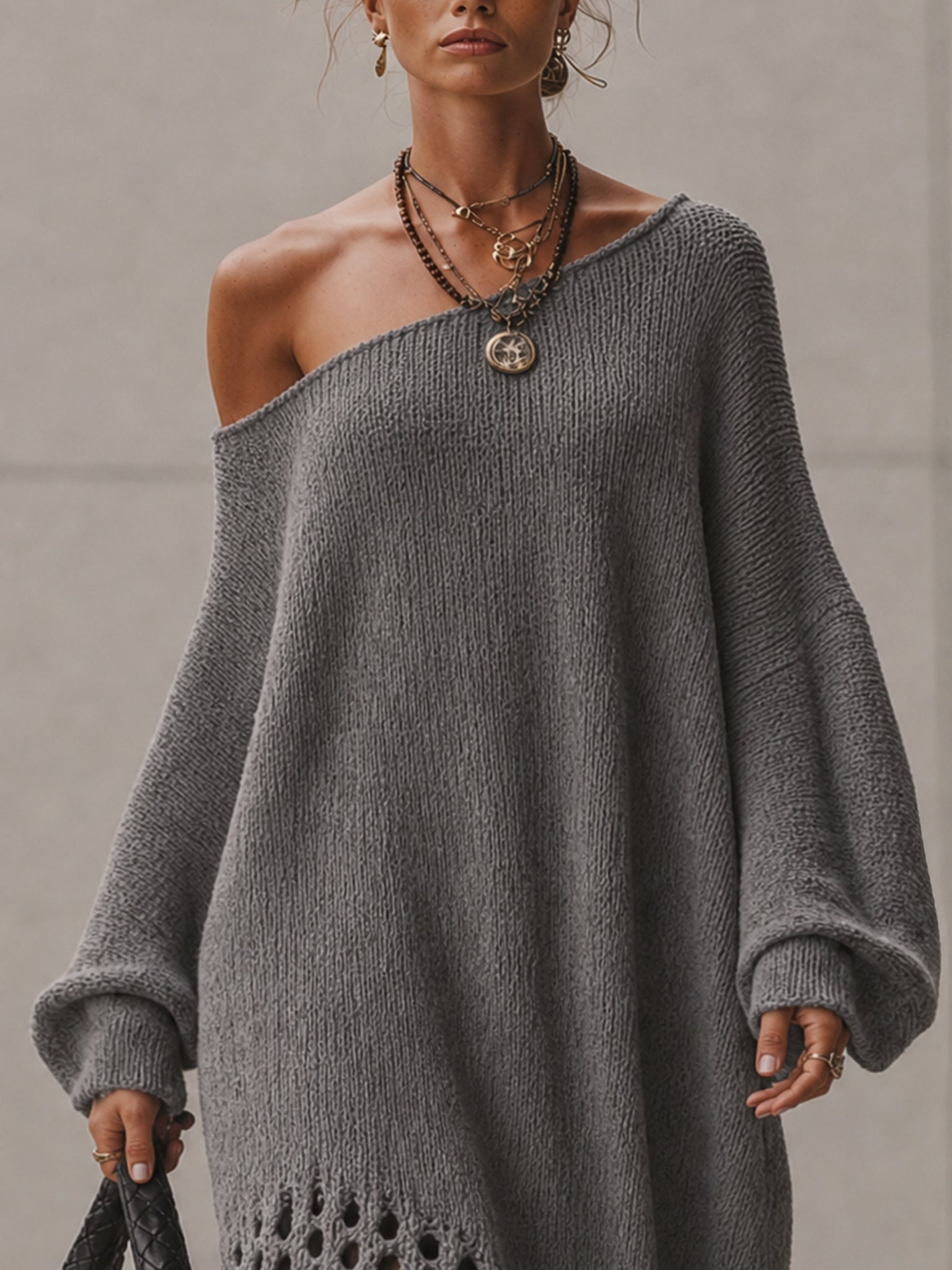 Gray Open Knit Midi Dress