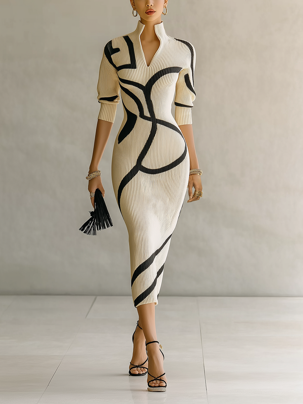 Off-White Ribbed Abstract Print Maxi Dress