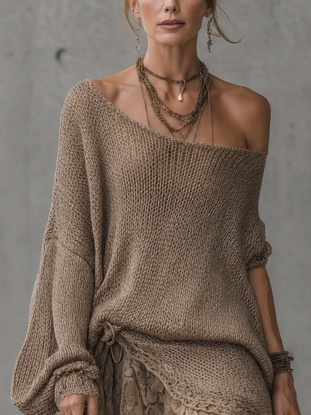 Khaki Drawstring Knit Lace Mini Dress
