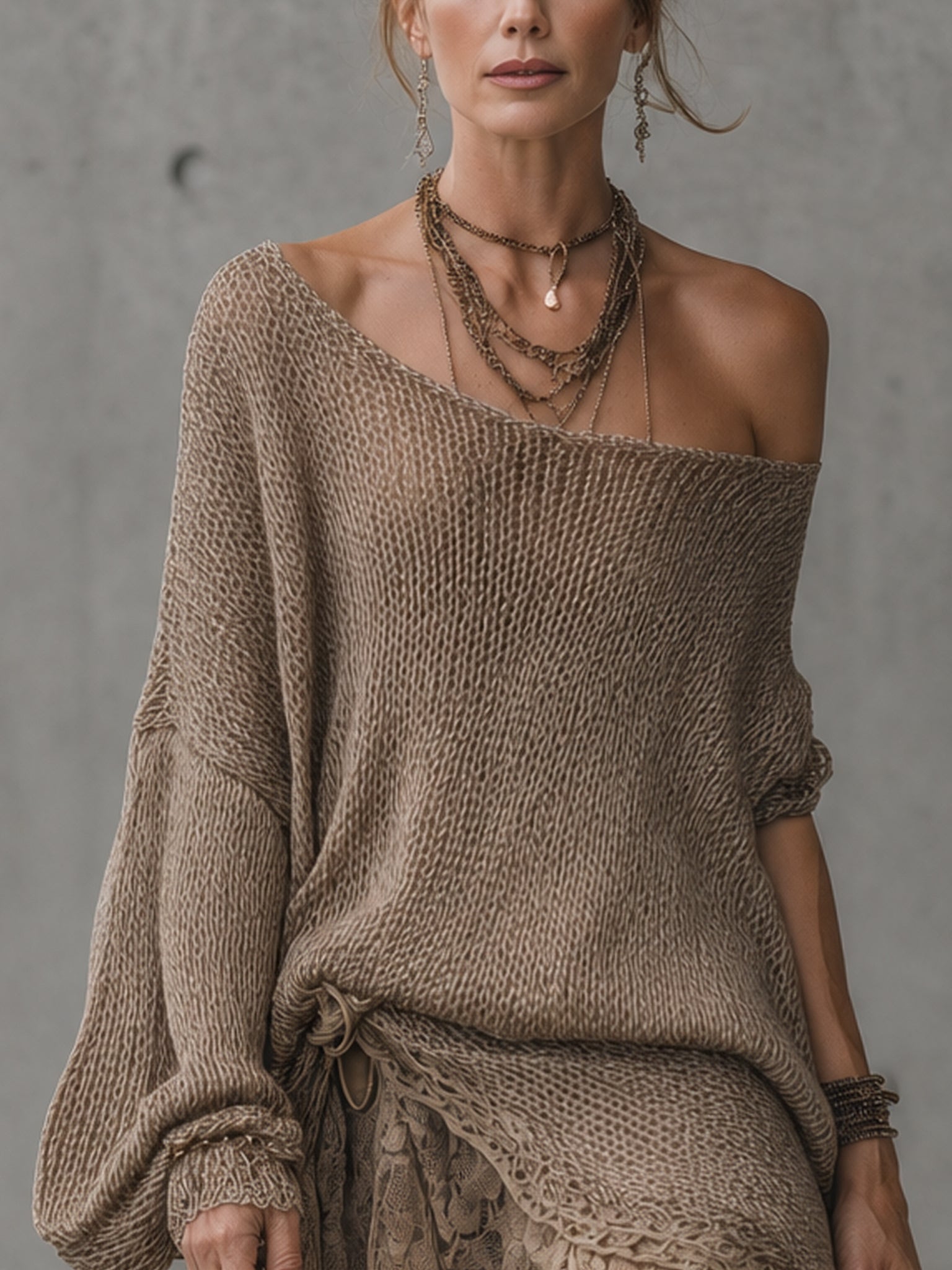 Khaki Drawstring Knit Lace Mini Dress