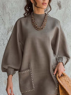 Taupe Mini Dress With Contrast Couture Trim And Patch Pockets