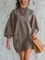 Taupe Mini Dress With Contrast Couture Trim And Patch Pockets