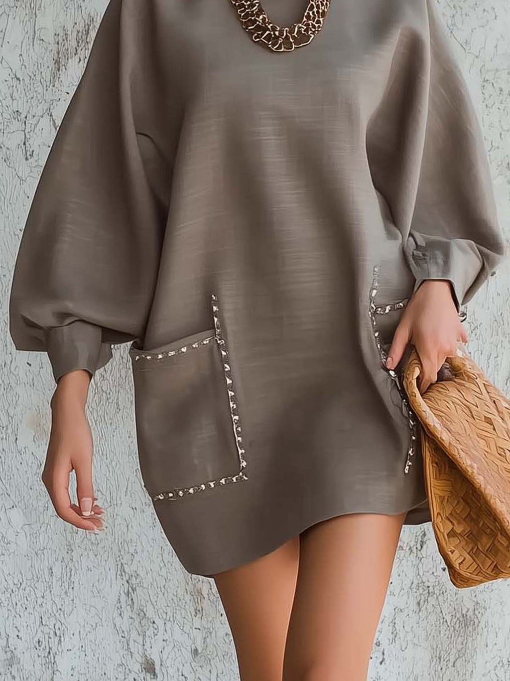 Taupe Mini Dress With Contrast Couture Trim And Patch Pockets