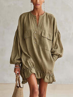 Olive Linen Blend Ruffle Hem Mini Dress With Balloon Sleeves