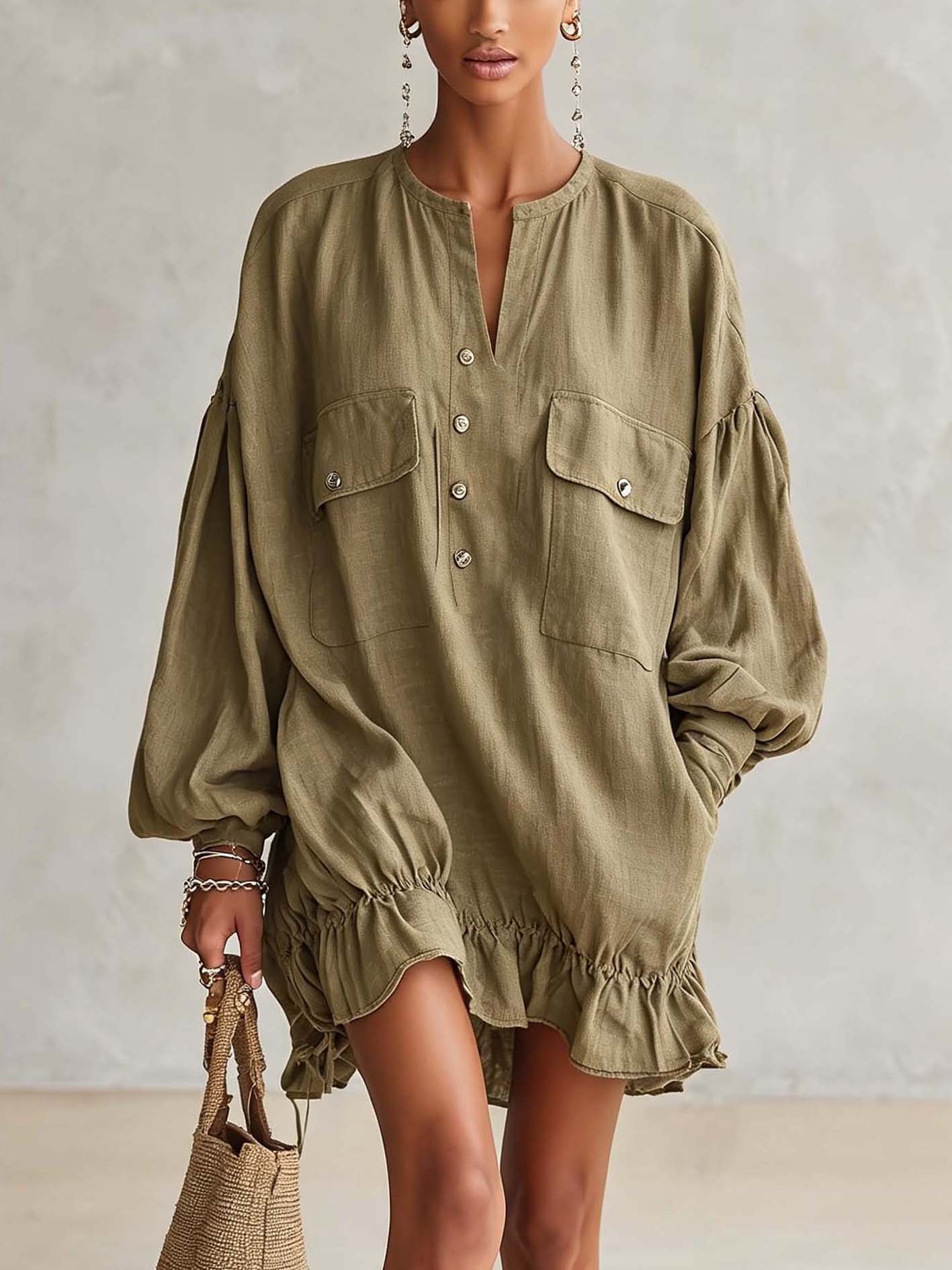 Olive Linen Blend Ruffle Hem Mini Dress With Balloon Sleeves