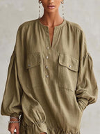Olive Linen Blend Ruffle Hem Mini Dress With Balloon Sleeves