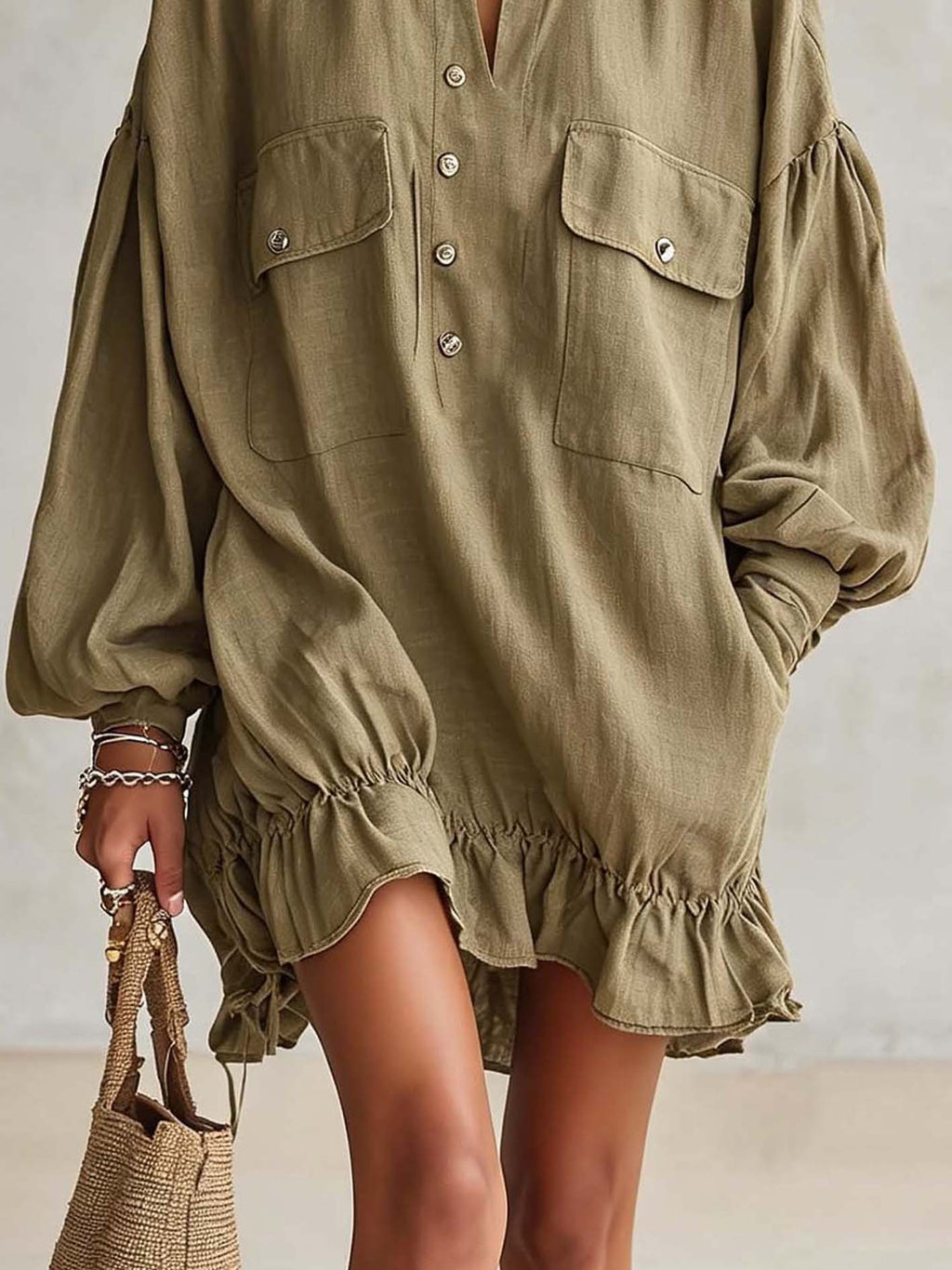 Olive Linen Blend Ruffle Hem Mini Dress With Balloon Sleeves