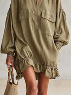 Olive Linen Blend Ruffle Hem Mini Dress With Balloon Sleeves