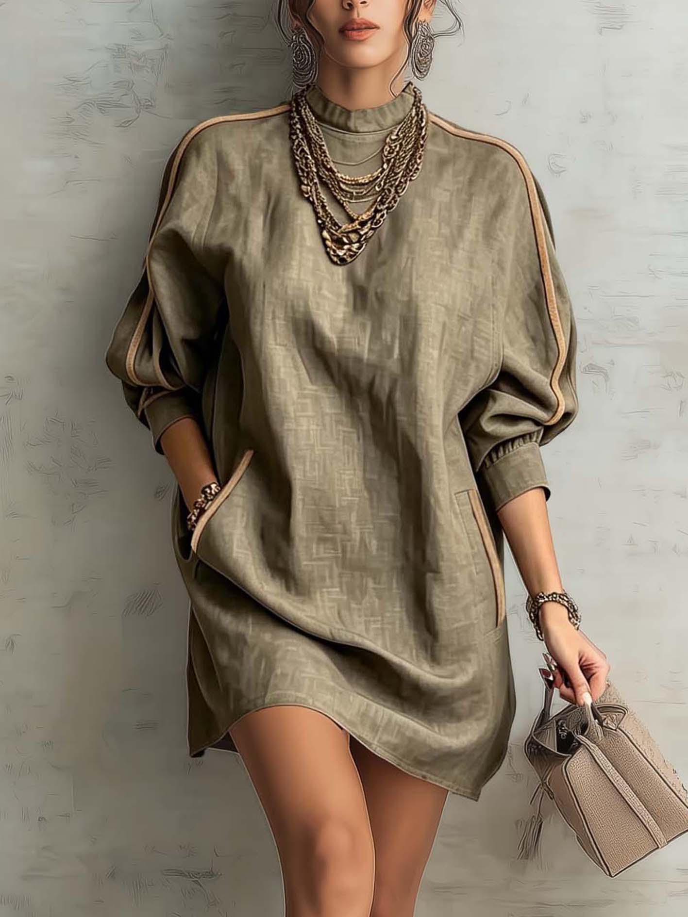 Sage Taupe Linen Blend Mini Dress With Pockets