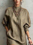 Sage Taupe Linen Blend Mini Dress With Pockets