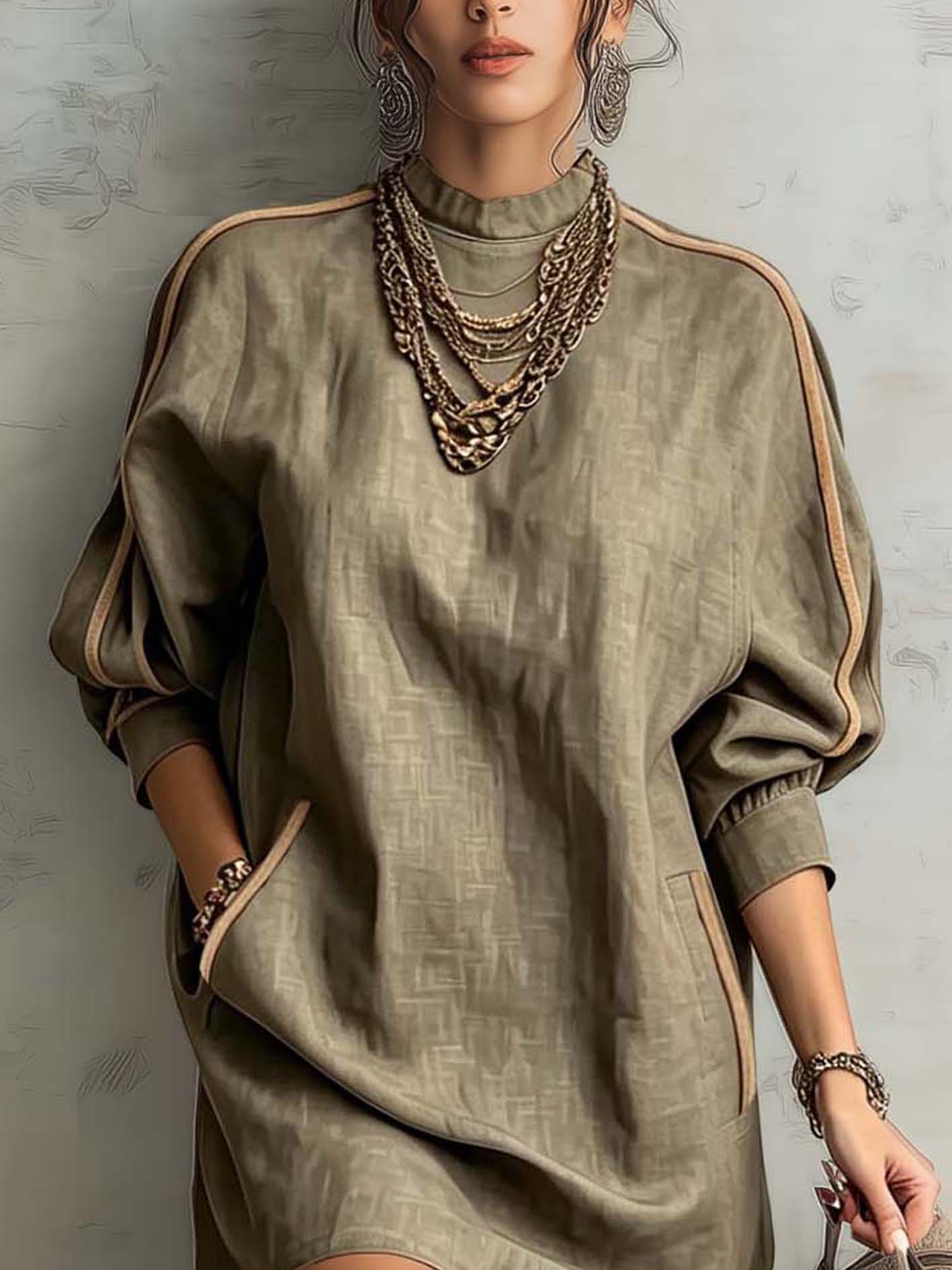 Sage Taupe Linen Blend Mini Dress With Pockets