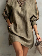 Sage Taupe Linen Blend Mini Dress With Pockets