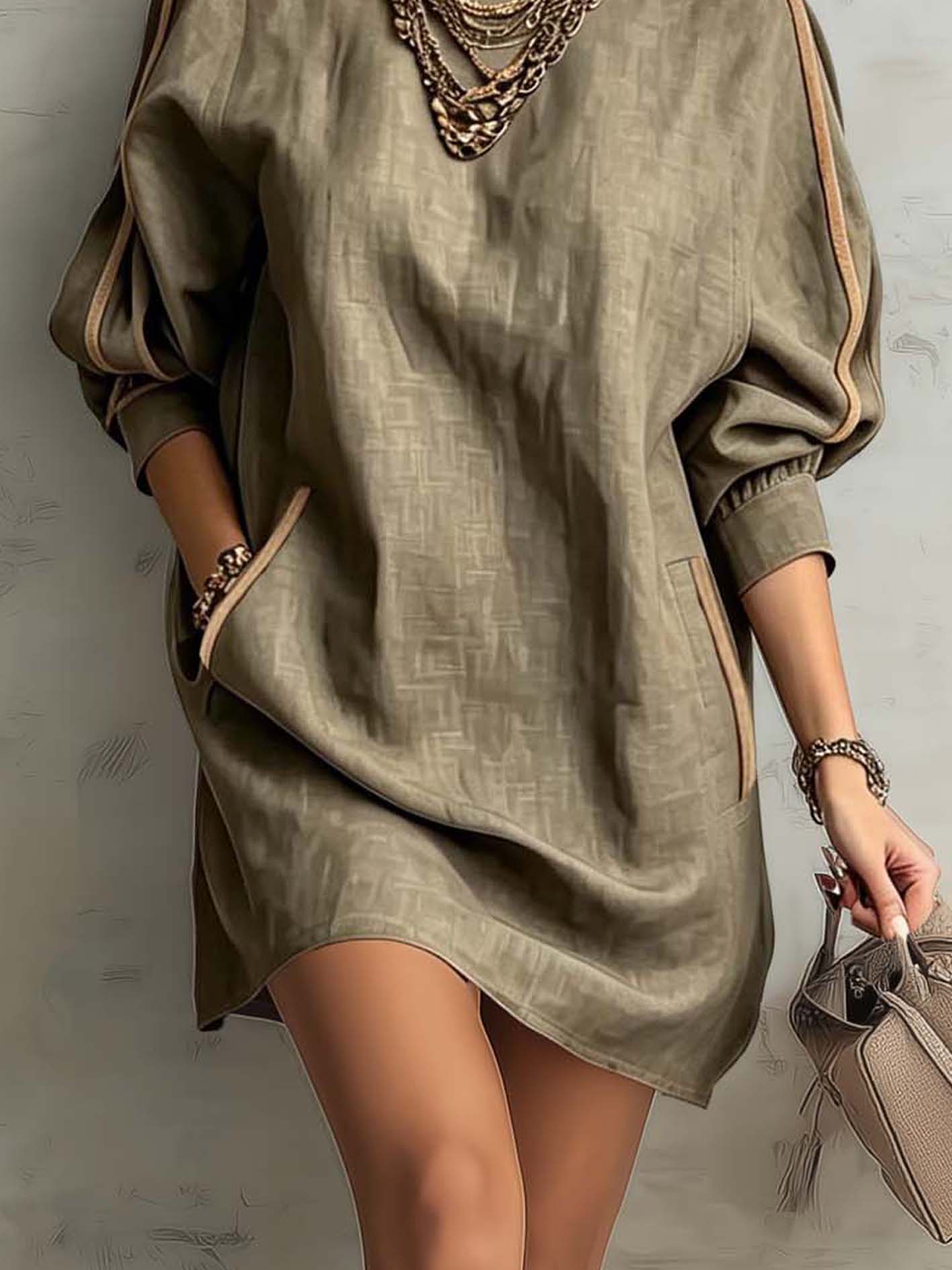 Sage Taupe Linen Blend Mini Dress With Pockets
