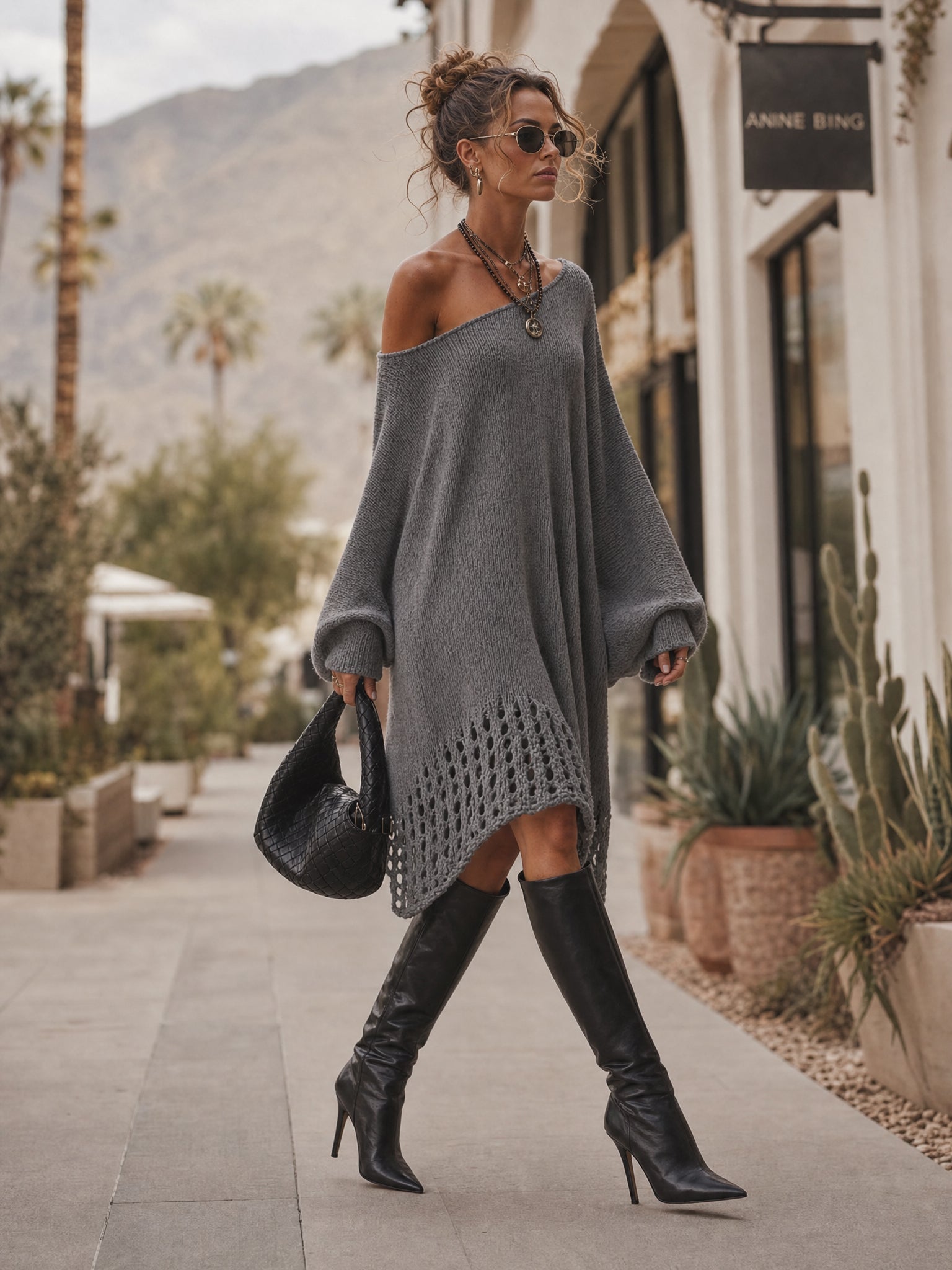 Gray Open Knit Midi Dress