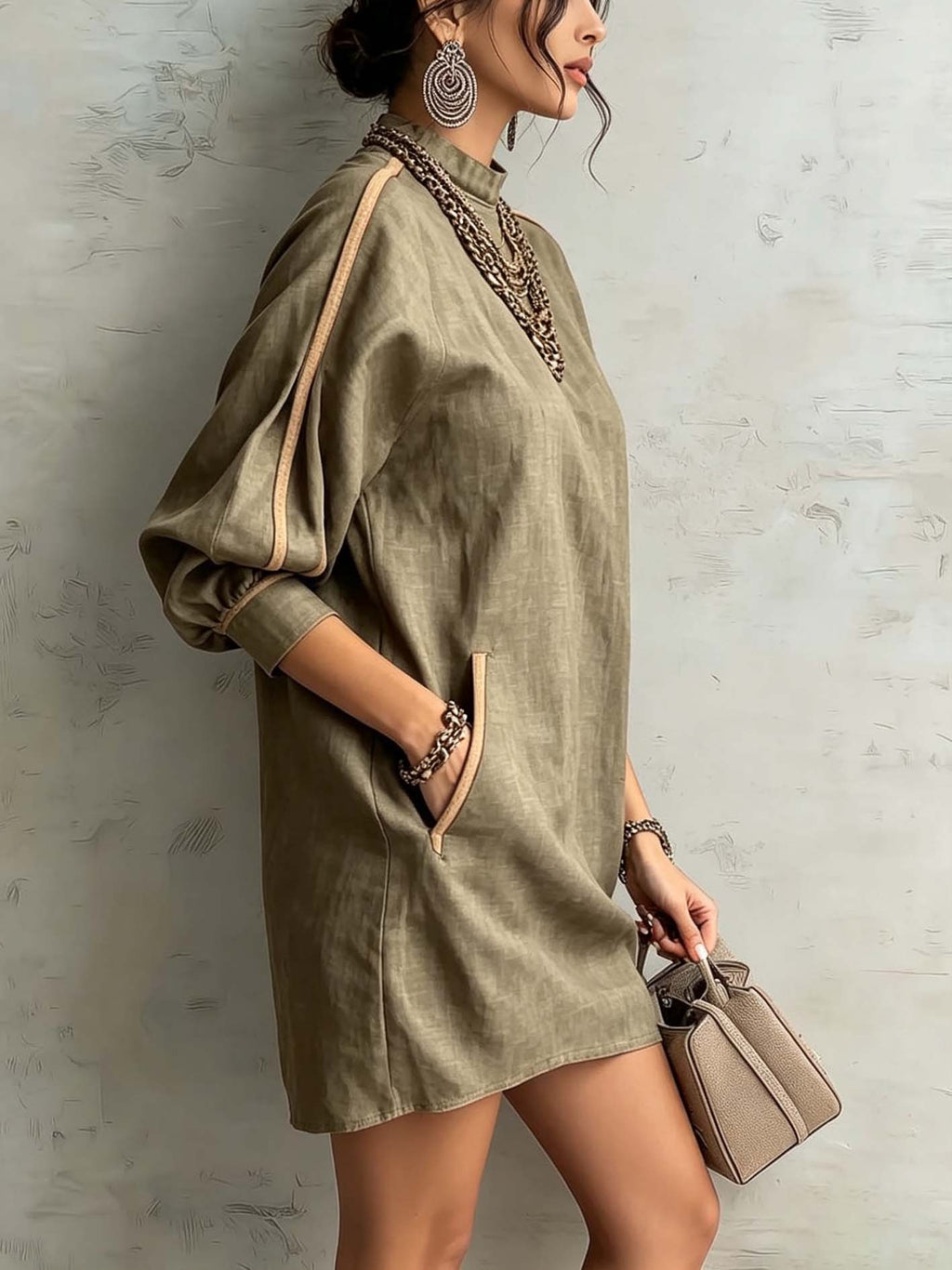 Sage Taupe Linen Blend Mini Dress With Pockets