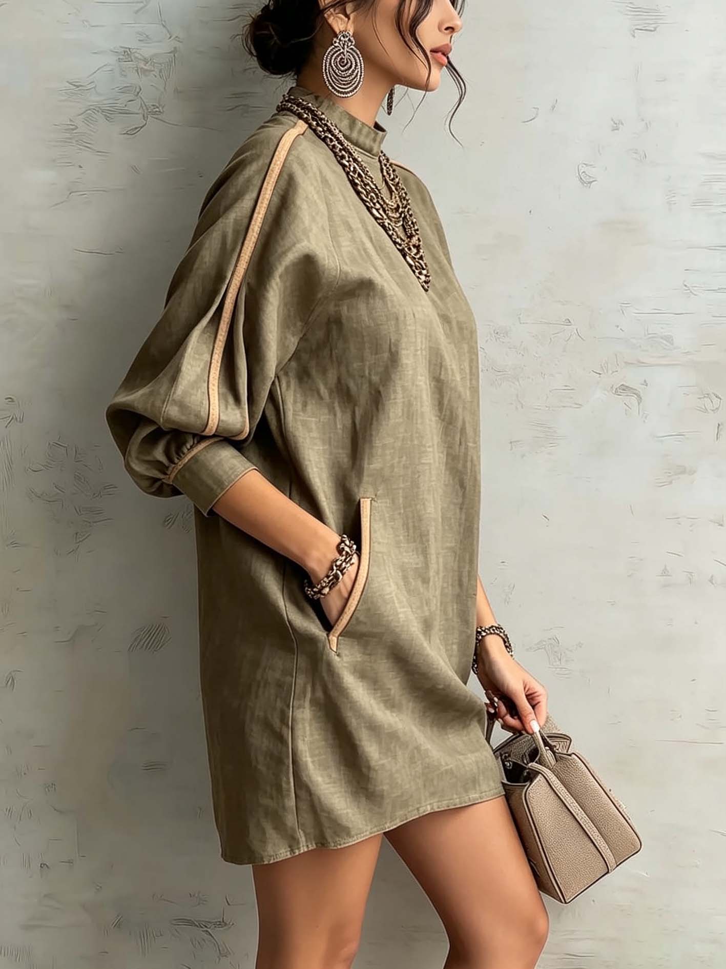Sage Taupe Linen Blend Mini Dress With Pockets