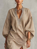 Textured Linen Blend Mini Dress With Embellished V-Neckline