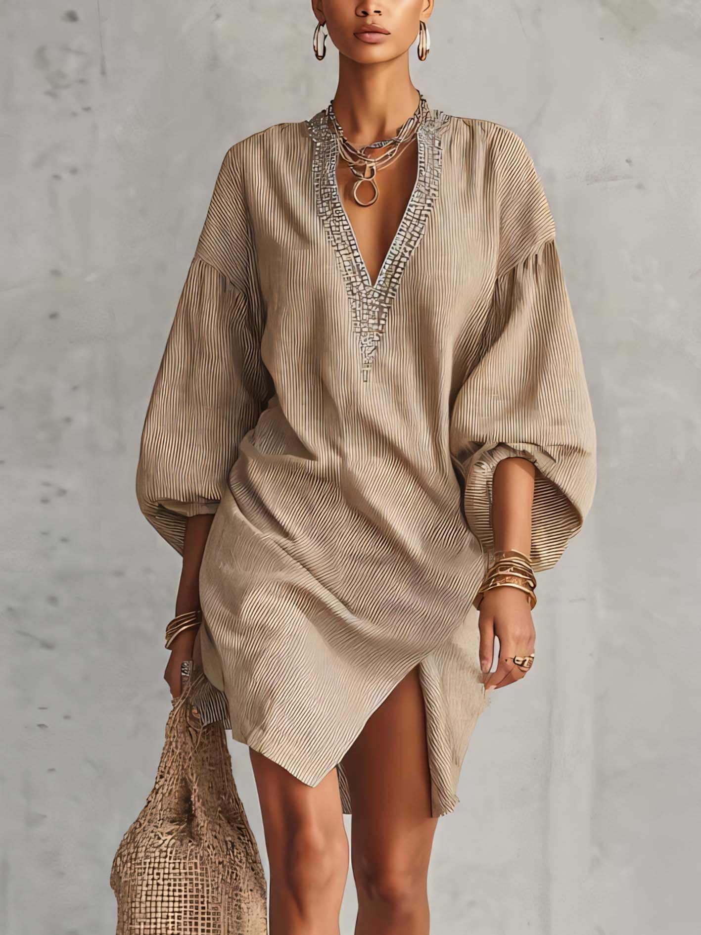Textured Linen Blend Mini Dress With Embellished V-Neckline