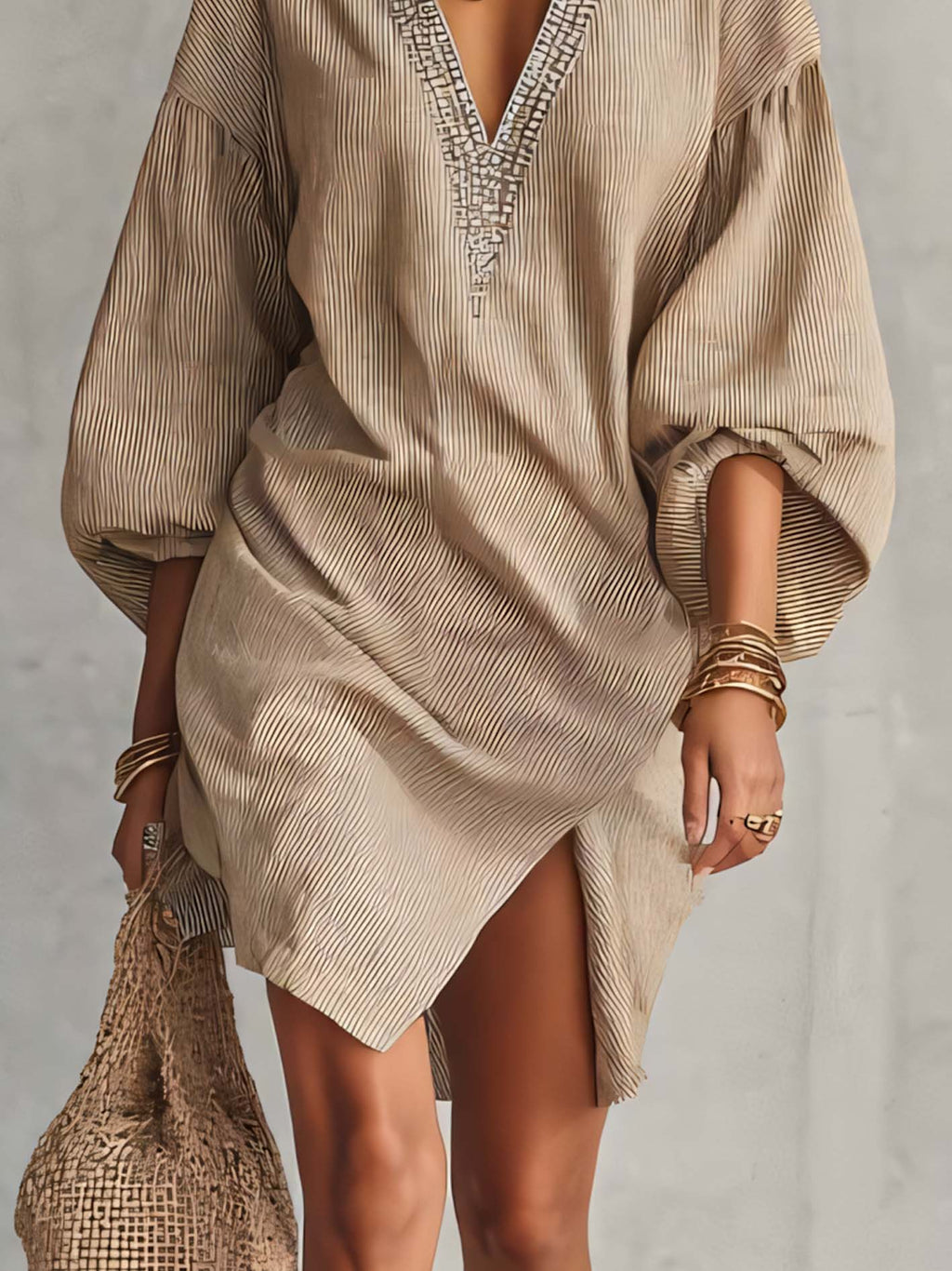 Textured Linen Blend Mini Dress With Embellished V-Neckline