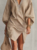 Textured Linen Blend Mini Dress With Embellished V-Neckline