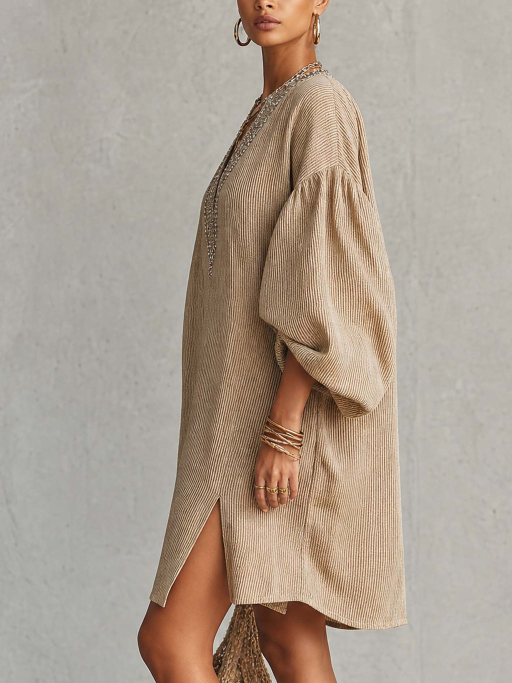 Textured Linen Blend Mini Dress With Embellished V-Neckline