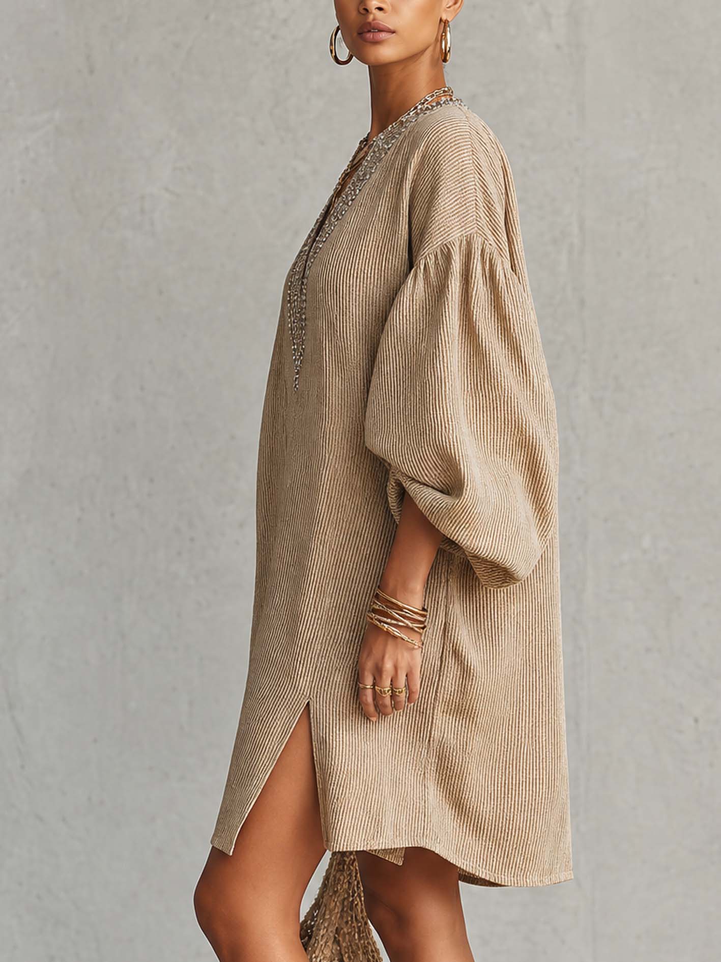 Textured Linen Blend Mini Dress With Embellished V-Neckline