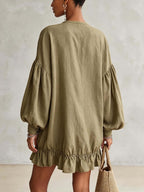 Olive Linen Blend Ruffle Hem Mini Dress With Balloon Sleeves