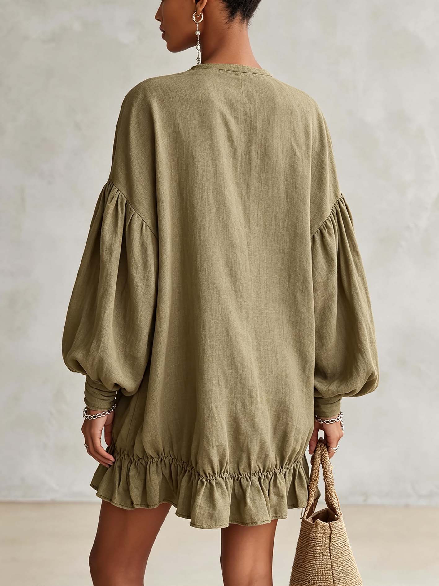 Olive Linen Blend Ruffle Hem Mini Dress With Balloon Sleeves