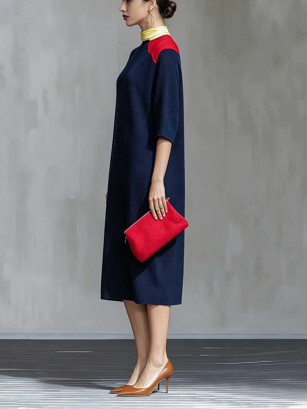 Navy Blue Red Colorblock Round Neck Midi Dress