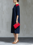 Navy Blue Red Colorblock Round Neck Midi Dress