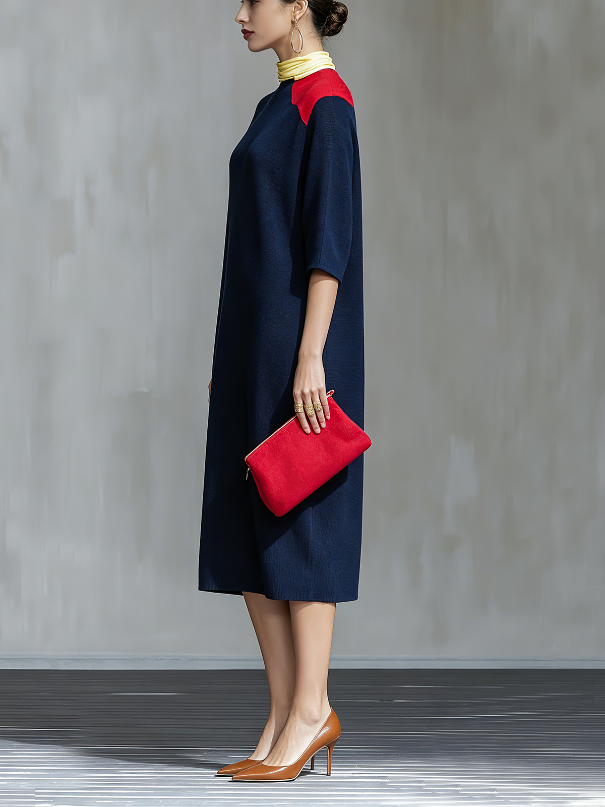 Navy Blue Red Colorblock Round Neck Midi Dress