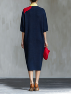 Navy Blue Red Colorblock Round Neck Midi Dress