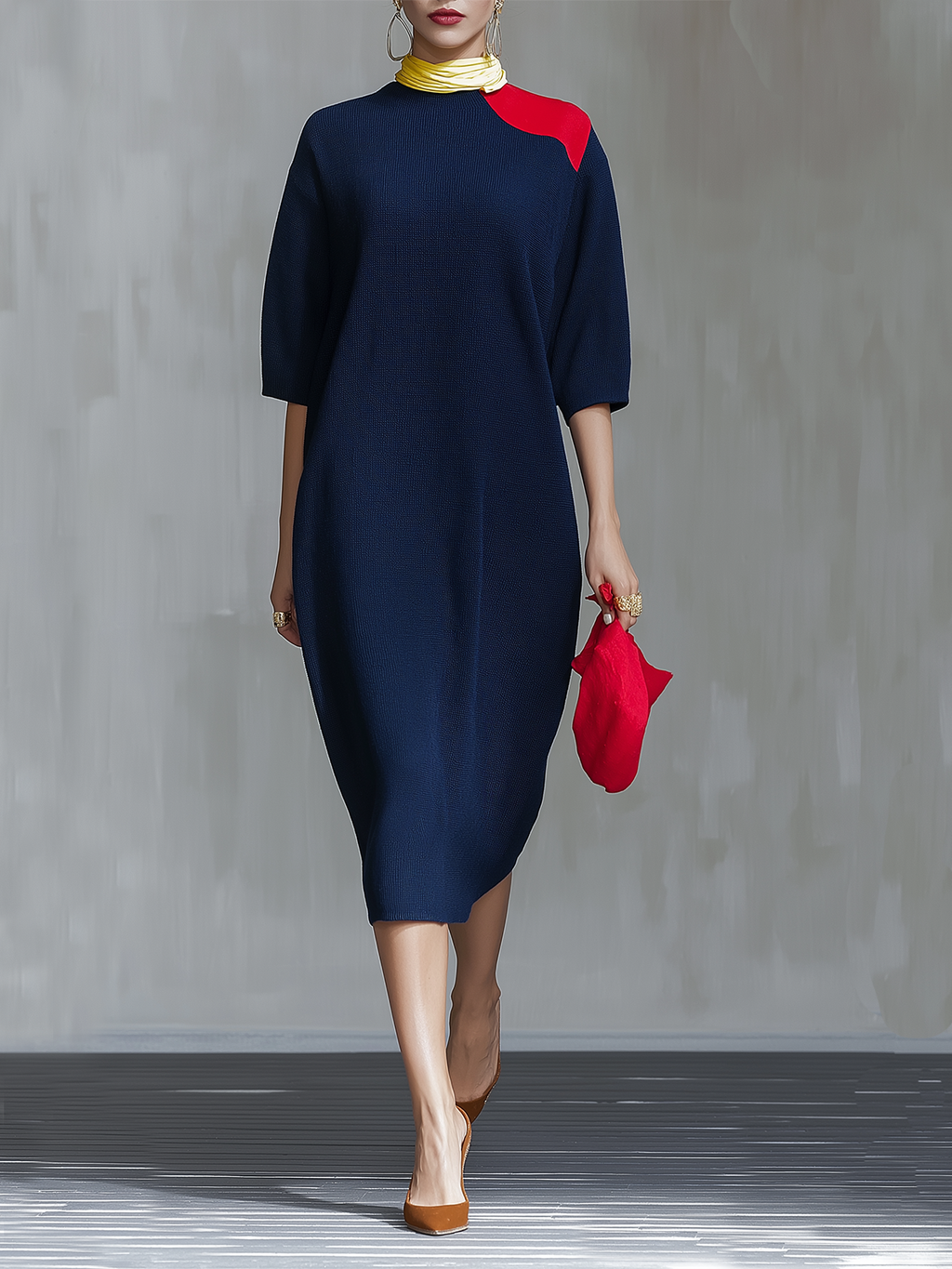 Navy Blue Red Colorblock Round Neck Midi Dress