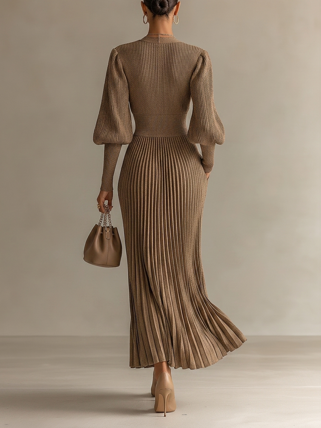 Coffee Brown Ribbed Wrap V-Neck Maxi Dress