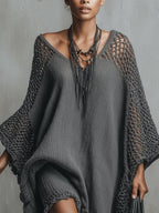 Gray Oversized Open Knit Mini Dress
