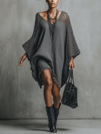 Gray Oversized Open Knit Mini Dress