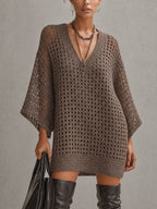 Brown V-Neck Open Knit Mini Dress