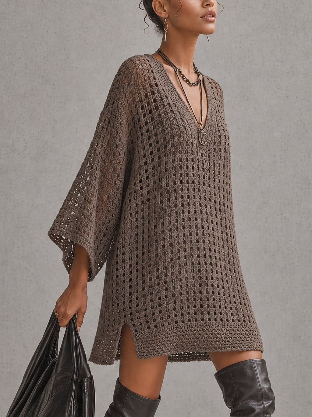 Brown V-Neck Open Knit Mini Dress