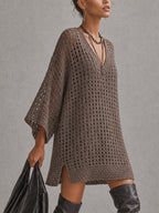Brown V-Neck Open Knit Mini Dress