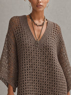 Brown V-Neck Open Knit Mini Dress