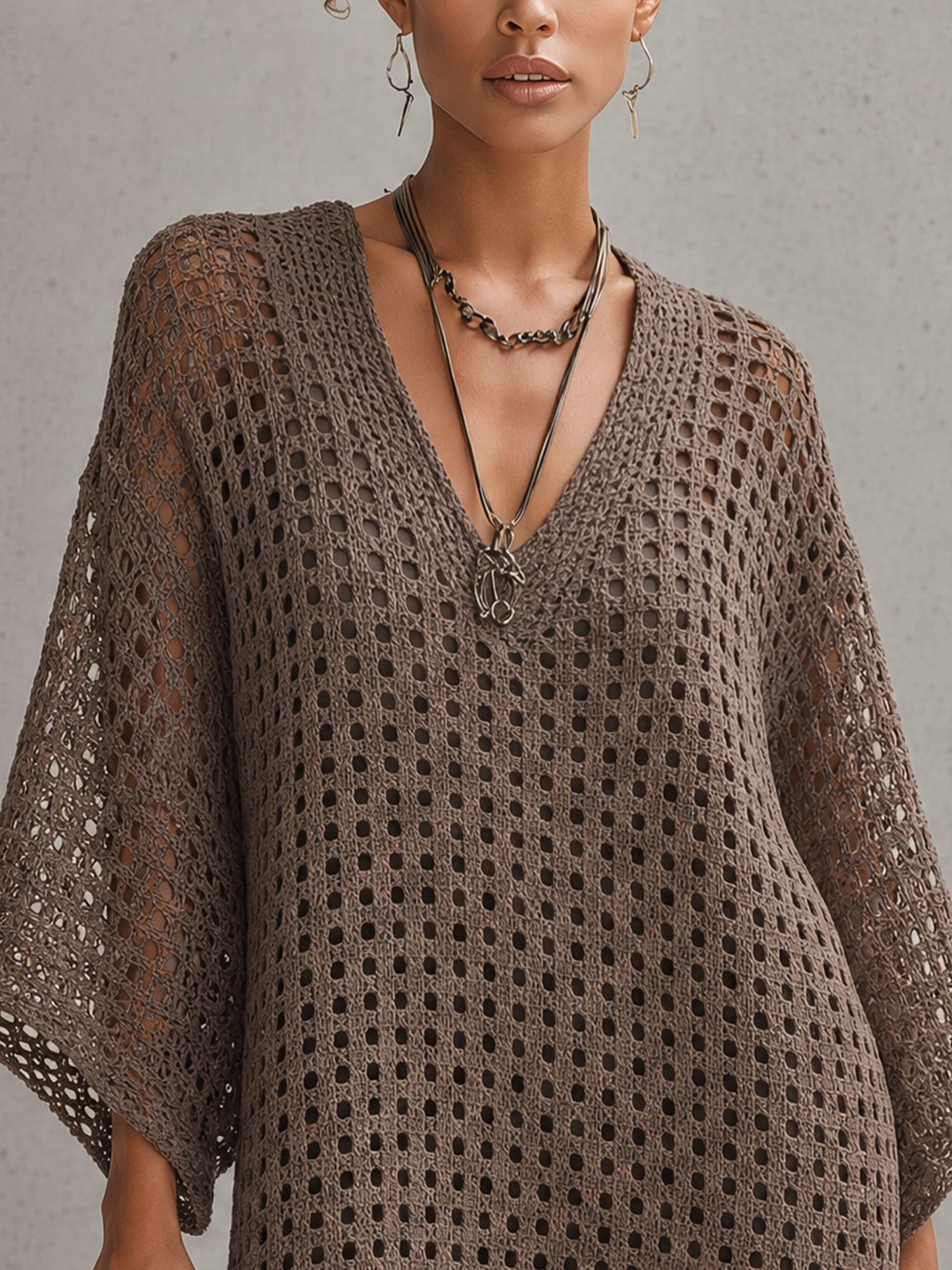 Brown V-Neck Open Knit Mini Dress