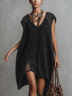 Black Distressed Studded Knit Mini Dress