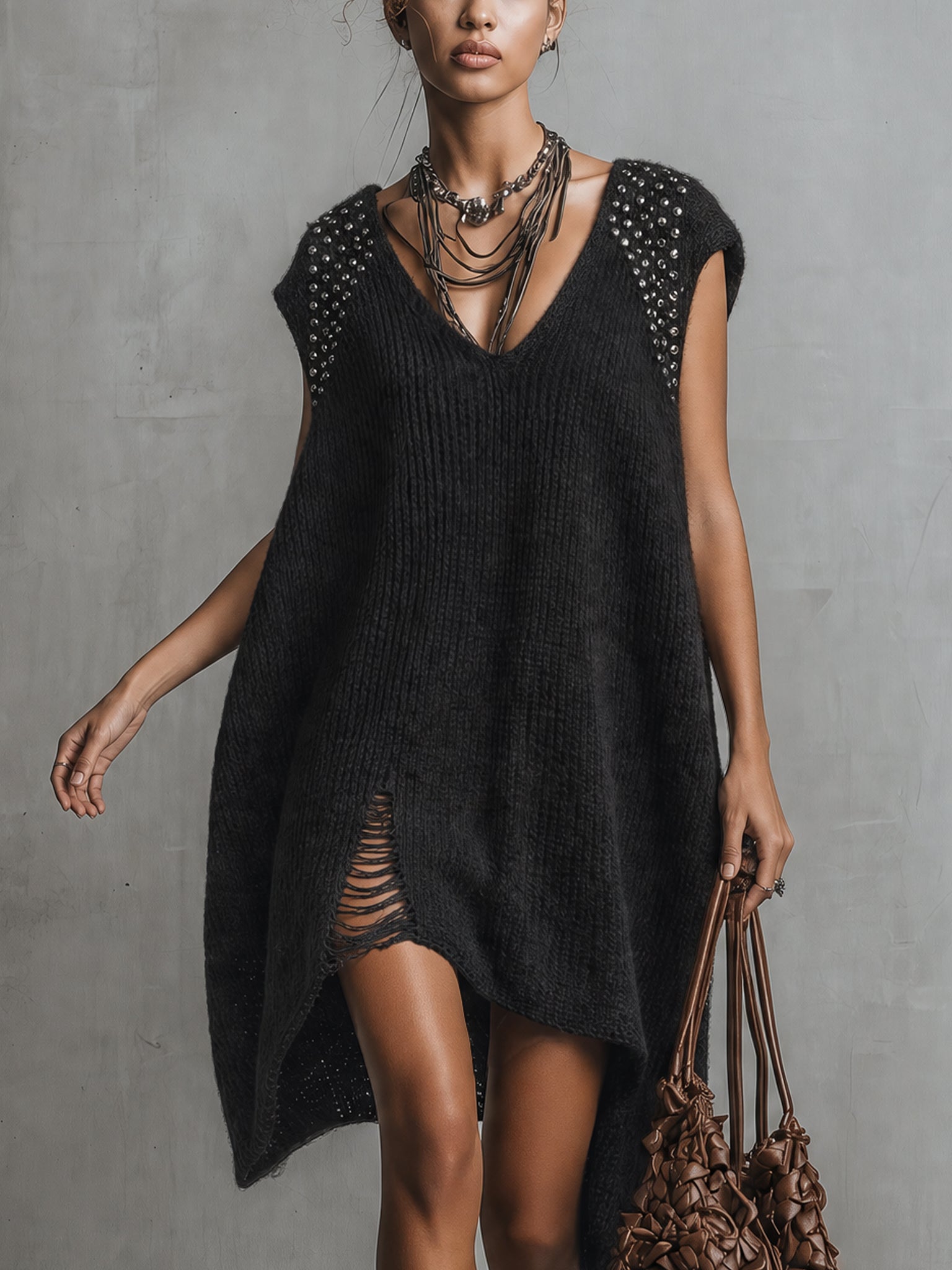 Black Distressed Studded Knit Mini Dress