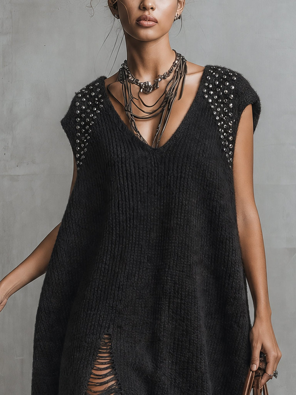 Black Distressed Studded Knit Mini Dress