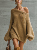 Yellow Off Shoulder Beaded Knit Mini Dress