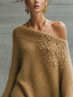 Yellow Off Shoulder Beaded Knit Mini Dress