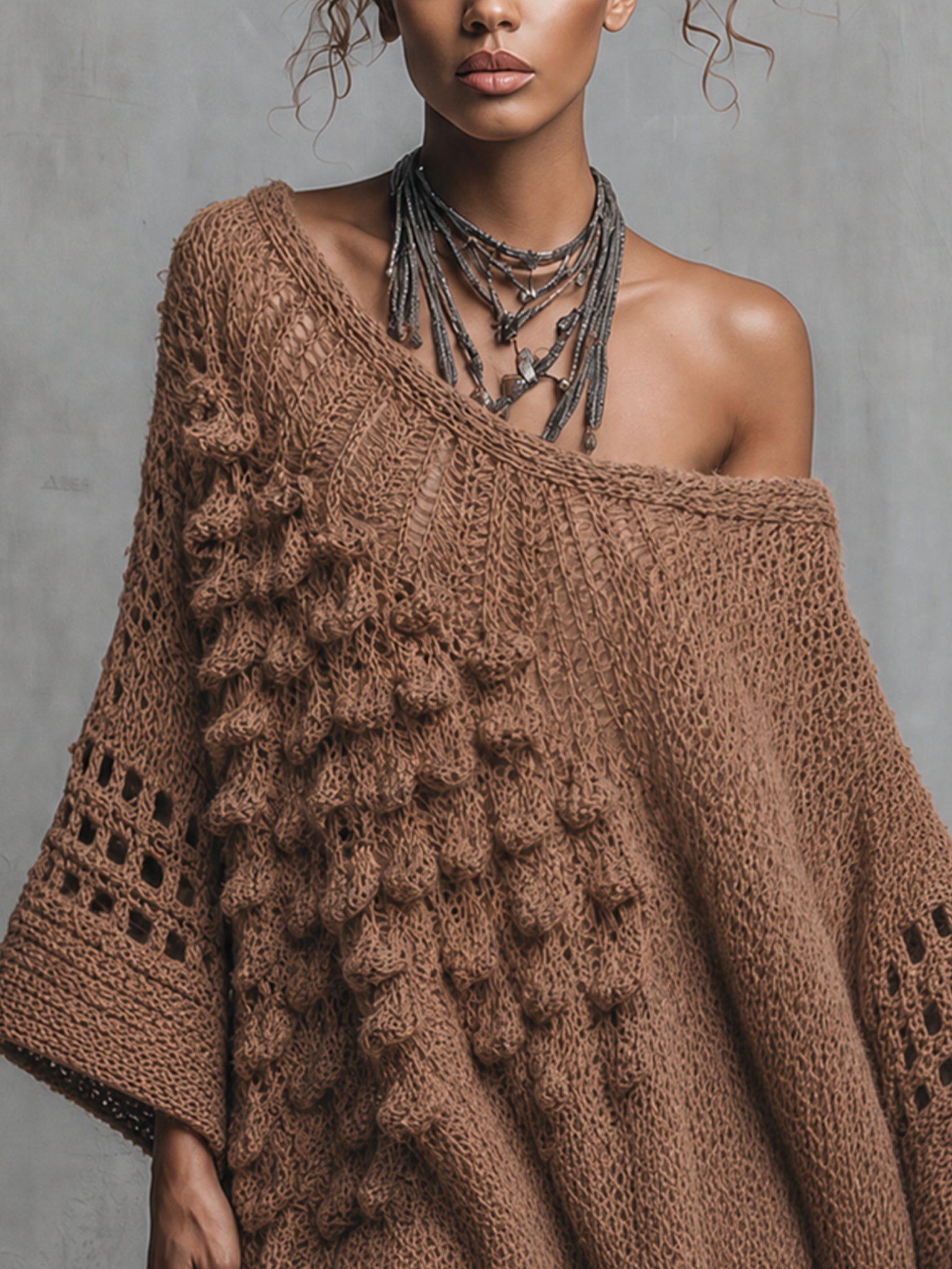 Brown Multi Textured Knit Mini Dress